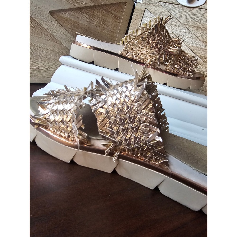 Ateliers Italy Foil Fringe Slides Sandals 6.5 Rose Gold Emery Platform Slipon592 - Picture 5 of 10